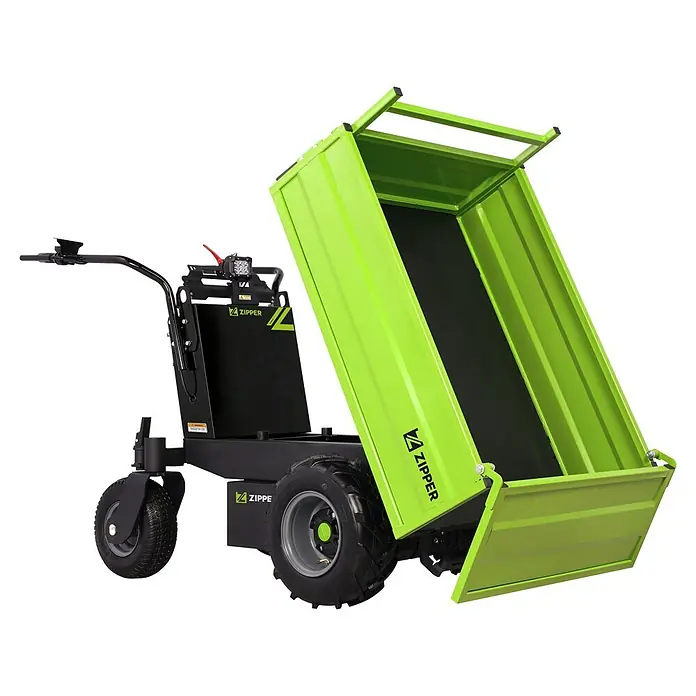Zipper Raddumper ZI-ED600 - 48 V, 1 Akku, Traglast: 600 kg, Fassungsvermögen: 220 l - Leuchtend grüner elektrischer Minidumper mit schwarzem Rahmen und großen Rädern, die Kippmulde ist angehoben.