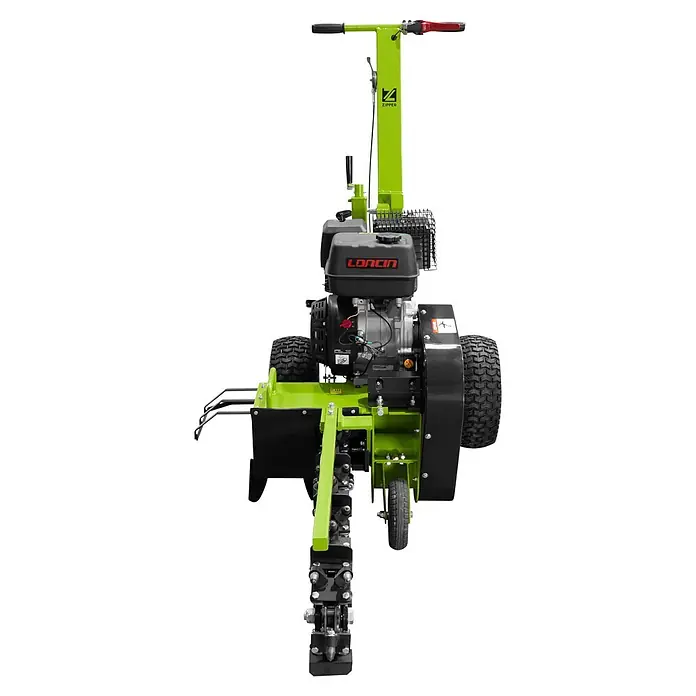 Zipper Grabenfräse ZI-GRF1000 - 9 kW, Tankvolumen: 6,5 l, Seilzug - Limettengrüne und schwarze Wurzelstockfräse mit Loncin-Motor, robust für effiziente Baumstumpfentfernung.
