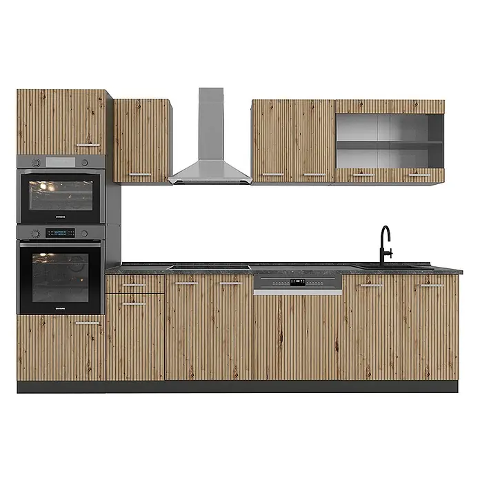 Vicco Küchenzeile R-Line Artisan Eiche/Anthrazit mit Hochschrank, ohne Arbeitsplatte - Breite: 300 cm, Artisan-Eiche, Ohne Elektrogeräte - Moderne modulare Küche in heller Holzoptik mit vertikalen Lamellen, dunklen Arbeitsplatten und integrierten grauen Geräten.