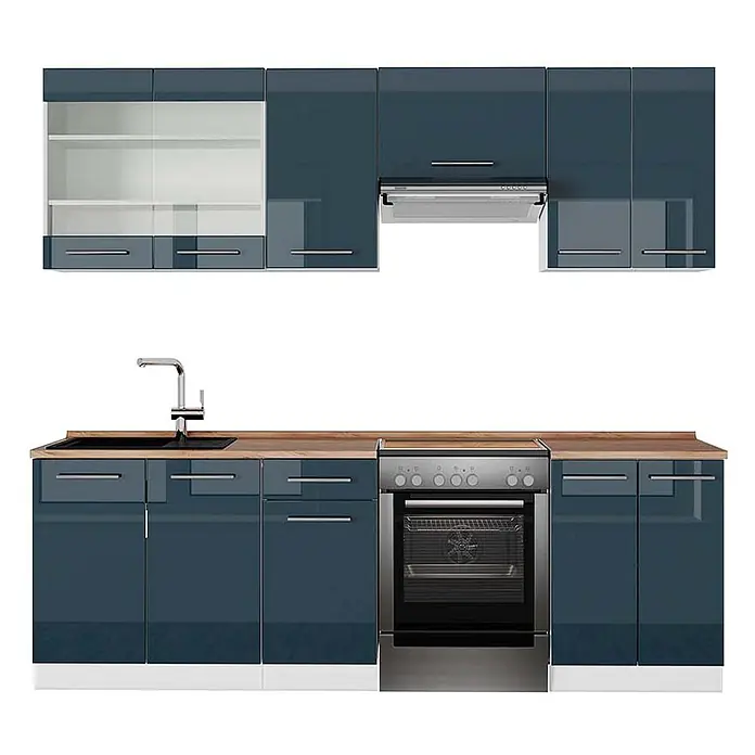 Vicco Küchenzeile Fame-Line Dunkelblau Hochglanz/Weiß, AP Eiche - Dunkelblau Hochglanz, Ohne Elektrogeräte - Moderne Küchenzeile mit glänzenden blauen Schränken, Holzplatte, Spüle, Ofen und Dunstabzugshaube.