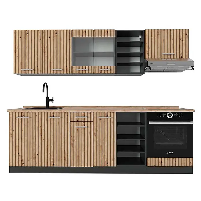 Vicco Küchenzeile R-Line Artisan Eiche/Anthrazit, AP Eiche - Breite: 240 cm, Artisan-Eiche, Ohne Elektrogeräte - Moderne Küchenzeile mit hellen Holzlamellenschränken, dunkelgrauen Akzenten, integrierter Spüle, Backofen und Dunstabzugshaube.