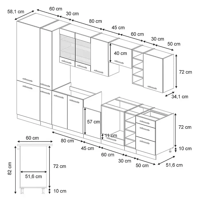 Vicco Küchenzeile Fame-Line Dunkelblau Hochglanz ohne Arbeitsplatte - Dunkelblau Hochglanz, Ohne Elektrogeräte - Detaillierte Zeichnung eines modularen Küchenschranksystems mit Maßen zur Planung.