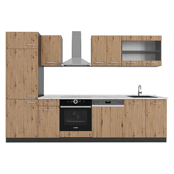 Vicco Küchenzeile R-Line Artisan Eiche/Anthrazit, AP Marmor - Breite: 300 cm, Artisan-Eiche, Ohne Elektrogeräte - Moderne Küche mit hellen Holzlamellenfronten, weißer Arbeitsplatte und integrierten Geräten.