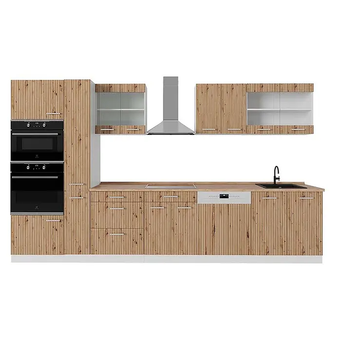 Vicco Küchenzeile R-Line Artisan Eiche/Weiß mit Hochschrank, AP Eiche - Breite: 350 cm, Artisan-Eiche, Ohne Elektrogeräte - Moderne Küche mit hellen Holzlamellenfronten, heller Arbeitsplatte, schwarzen Einbauöfen, Kochfeld, Spüle und integriertem Geschirrspüler.