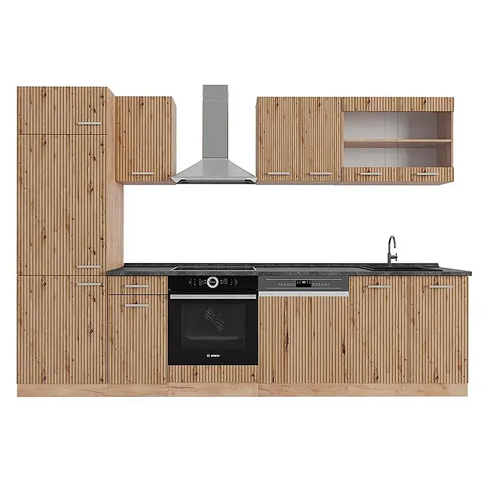 Vicco Küchenzeile R-Line Artisan-Eiche/Goldkraft Eiche, AP Anthrazit - Breite: 300 cm, Artisan-Eiche, Ohne Elektrogeräte - L-förmige Küche mit hellen Holzlamellenfronten, dunkler Arbeitsplatte, integriertem Backofen, Kochfeld, Geschirrspüler und Spüle.