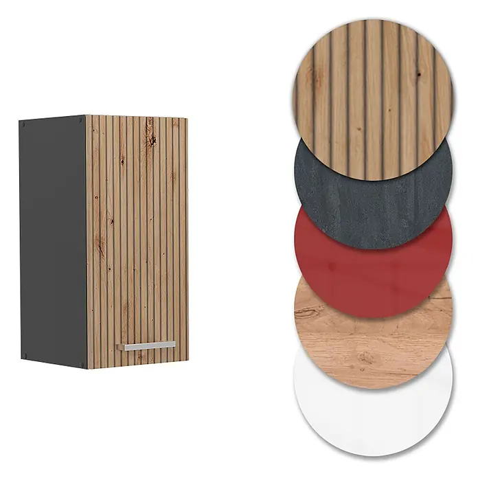 Vicco Schrankküche R-Line Artisan-Eiche - Artisan-Eiche, Hängeschrank 30 cm - Hängeschrank mit Lamellentür in Holzoptik, grauer Seitenwand und Griff. Gezeigte Materialmuster: Lamellenholz, Dunkelgrau, Rot, helle Holzmaserung, Weiß.
