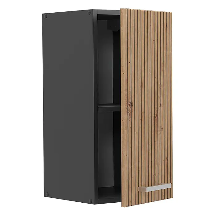 Vicco Schrankküche R-Line Artisan-Eiche - Artisan-Eiche, Hängeschrank 30 cm - Dunkelgrauer Wandschrank mit holzlamellierter Tür, teilweise geöffnet, um Regale und einen silbernen Griff zu zeigen.