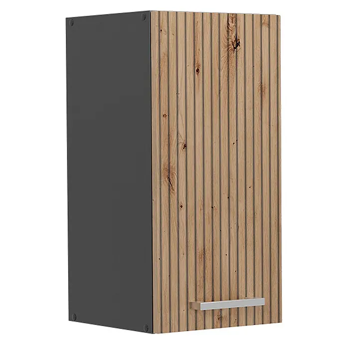 Vicco Schrankküche R-Line Artisan-Eiche - Artisan-Eiche, Hängeschrank 30 cm - Wandschrank mit grauer Seitenwand und geriffelter Holztür, mit einem silberfarbenen Griff.