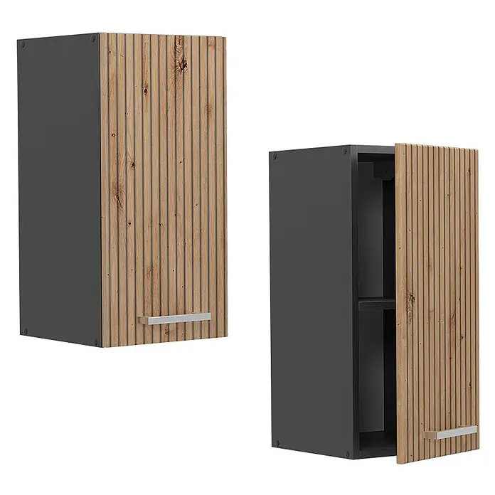 Vicco Schrankküche R-Line Artisan-Eiche - Artisan-Eiche, Hängeschrank 30 cm - Dunkelgrauer Wandschrank mit gerippter Holztür und silbernem Griff, geschlossen und leicht geöffnet gezeigt.