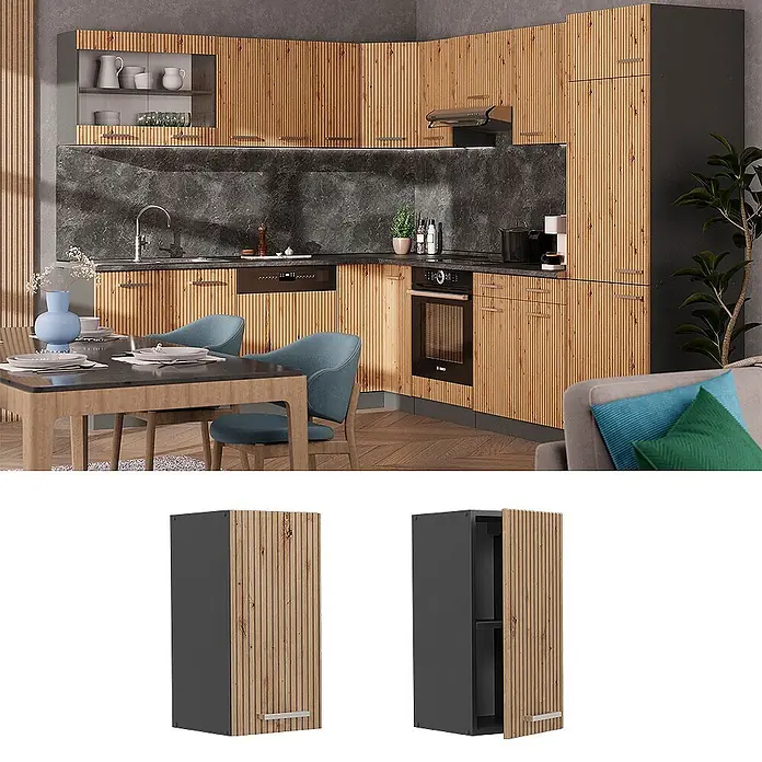 Vicco Schrankküche R-Line Artisan-Eiche - Artisan-Eiche, Hängeschrank 30 cm - Moderne Küche mit Holzpaneel-Schränken und dunkelgrauen Akzenten. Ein einzelner Schrank mit strukturierter Holztür, geschlossen und geöffnet.