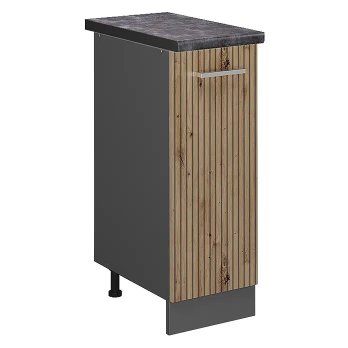 Vicco Schrankküche R-Line Artisan-Eiche, AP Anthrazit - Artisan-Eiche, Apothekerunterschrank 30 cm, AP Anthrazit - Schmaler Küchenschrank mit dunkelgrauer Arbeitsplatte, dunkelgrauer Seite und naturbelassener Holzlamellenfront mit silbernem Griff.