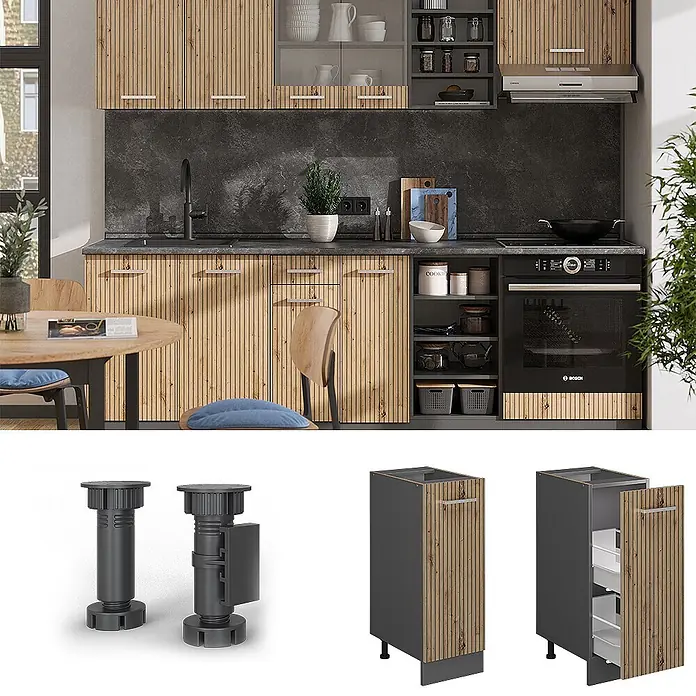 Vicco Schrankküche R-Line Artisan-Eiche ohne Arbeitsplatte - Artisan-Eiche, Apothekerunterschrank 30 cm - Modulküche Unterschrank mit natürlicher Holzlamellenfront und dunkelgrauem Korpus, gezeigt mit verstellbaren schwarzen Kunststofffüßen.