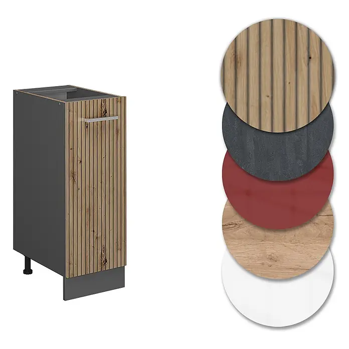 Vicco Schrankküche R-Line Artisan-Eiche ohne Arbeitsplatte - Artisan-Eiche, Apothekerunterschrank 30 cm - Grauer Unterschrank mit Holzlamellentür und Griff. Farbmuster zeigen alternative Ausführungen.