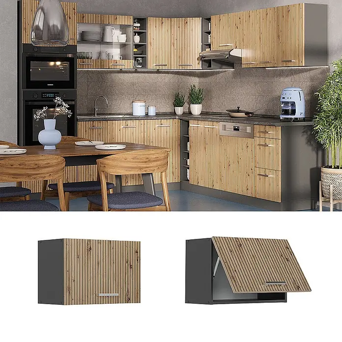 Vicco Schrankküche R-Line Artisan-Eiche Flach - Artisan-Eiche, Hängeschrank 60 cm (flach) - Moderne Küche mit Lamellenfronten aus hellem Holz und dunkelgrauen Rahmen. Geschlossen und offen gezeigt.