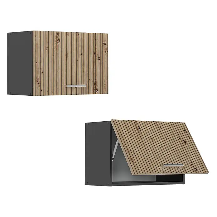 Vicco Schrankküche R-Line Artisan-Eiche Flach - Artisan-Eiche, Hängeschrank 60 cm (flach) - Dunkelgrauer Wandschrank mit hellbrauner Holzlamellentür, geschlossen und offen dargestellt, mit Lift-up-Mechanismus.