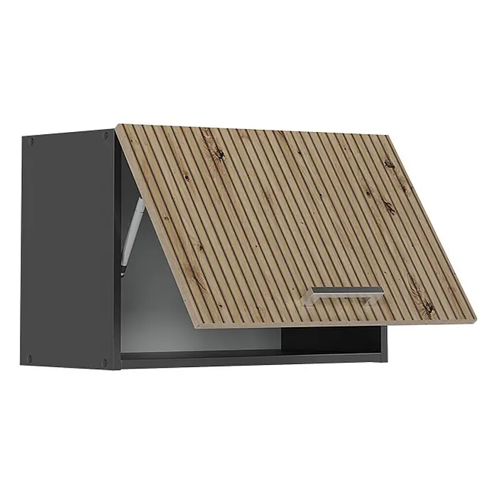 Vicco Schrankküche R-Line Artisan-Eiche Flach - Artisan-Eiche, Hängeschrank 60 cm (flach) - Dunkelgrauer Wandschrank mit offener Lamellentür aus hellem Holz, silbernem Griff und Gasdruckfeder.