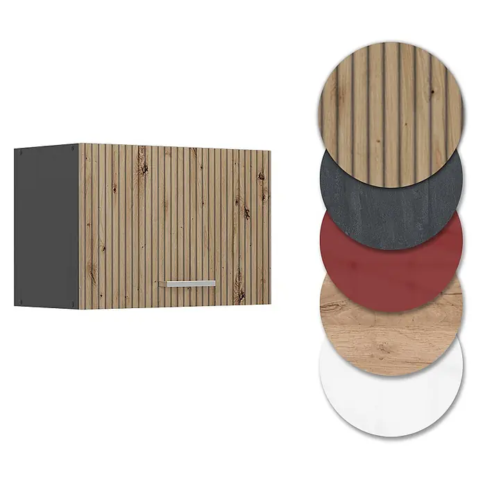 Vicco Schrankküche R-Line Artisan-Eiche Flach - Artisan-Eiche, Hängeschrank 60 cm (flach) - Hängeschrank mit gerippter Holztür, grauem Korpus und Metallgriff. Verschiedene Materialmuster inklusive.