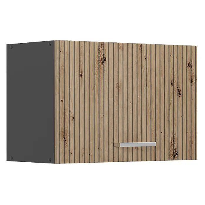 Vicco Schrankküche R-Line Artisan-Eiche Flach - Artisan-Eiche, Hängeschrank 60 cm (flach) - Wandschrank mit gerippter Holzfront, dunkelgrauer Seite und silbernem Griff.