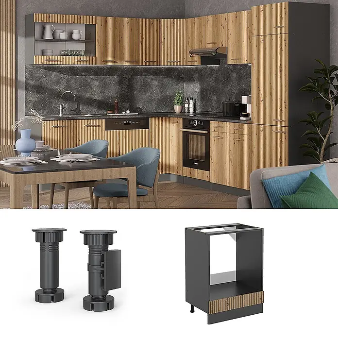 Vicco Schrankküche R-Line Artisan-Eiche ohne Arbeitsplatte - Artisan-Eiche, Herdumbauschrank 60 cm - Moderne Küche mit Holzschränken mit vertikalen Lamellen, dunklen Arbeitsplatten und integrierten Geräten.