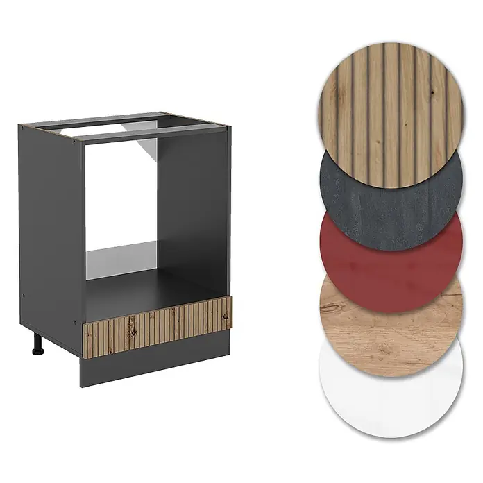 Vicco Schrankküche R-Line Artisan-Eiche ohne Arbeitsplatte - Artisan-Eiche, Herdumbauschrank 60 cm - Dunkelgrauer Küchenunterschrank mit geriffelter Holzblende. Materialmuster: geriffeltes Holz, dunkelgrau, rot, helles Holz, weiß.