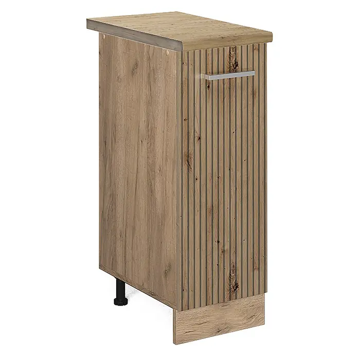 Vicco Schrankküche R-Line Artisan-Eiche, AP Eiche - Artisan-Eiche, Apothekerunterschrank 30 cm, AP Eiche - Schmaler Hochschrank in heller Holzoptik mit geriffelter Front und silbernem Griff.