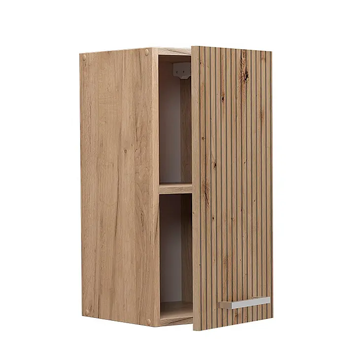 Vicco Schrankküche R-Line Artisan-Eiche - Artisan-Eiche, Hängeschrank 30 cm - Heller Holz-Wandschrank mit gerillter Tür und Metallgriff, teilweise offen mit Innenablage.