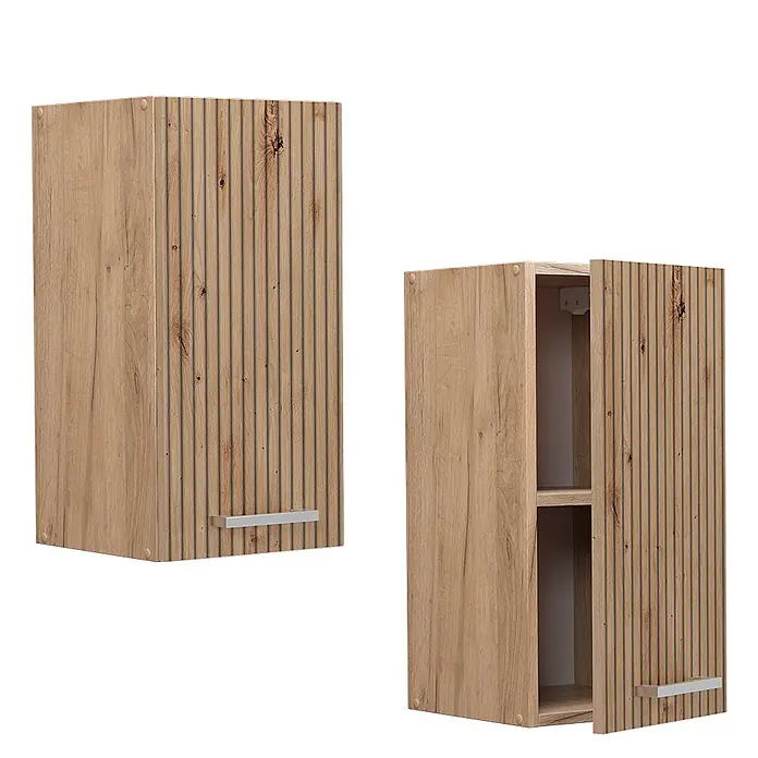 Vicco Schrankküche R-Line Artisan-Eiche - Artisan-Eiche, Hängeschrank 30 cm - Zwei hellbraune Wandschränke mit geriffelten Fronten und silbernen Griffen. Einer ist offen und zeigt zwei Einlegeböden.