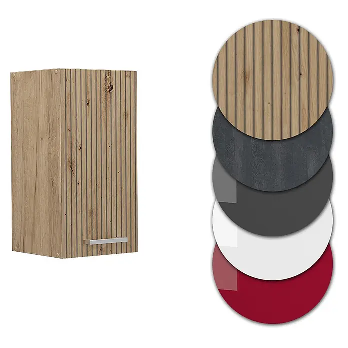 Vicco Schrankküche R-Line Artisan-Eiche - Artisan-Eiche, Hängeschrank 30 cm - Hängeschrank aus hellem Holz mit geriffelter Front und Griff, daneben Materialmuster: Holz, dunkler Beton, Grau, Weiß, Rot.