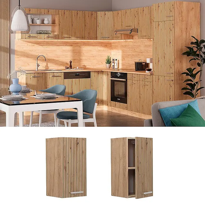Vicco Schrankküche R-Line Artisan-Eiche - Artisan-Eiche, Hängeschrank 30 cm - Moderne Küche mit hellen Holzschränken, geriffelten Fronten und integrierten Geräten. Essbereich im Vordergrund.