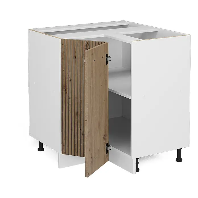 Vicco Schrankküche R-Line Artisan-Eiche ohne Arbeitsplatte - Artisan-Eiche, Eckunterschrank - Weißer L-förmiger Kücheneckunterschrank mit gerippter Holztür, geöffnet mit Regalböden, auf schwarzen verstellbaren Füßen.