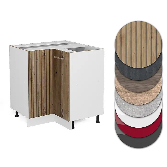 Vicco Schrankküche R-Line Artisan-Eiche ohne Arbeitsplatte - Artisan-Eiche, Eckunterschrank - Weißer Küchen-Eckunterschrank mit gerippter Holzfrontplatte, gezeigt mit Farb- und Materialmustern.
