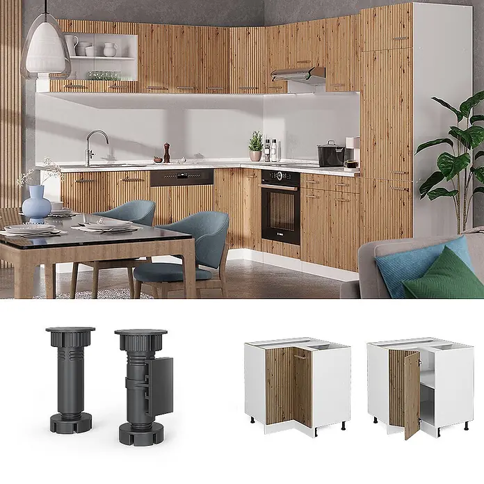 Vicco Schrankküche R-Line Artisan-Eiche ohne Arbeitsplatte - Artisan-Eiche, Eckunterschrank - Moderne Küche mit Holzlamellenschränken, weißen Arbeitsplatten und modularen Eckunterschränken, gezeigt mit verstellbaren Beinen.