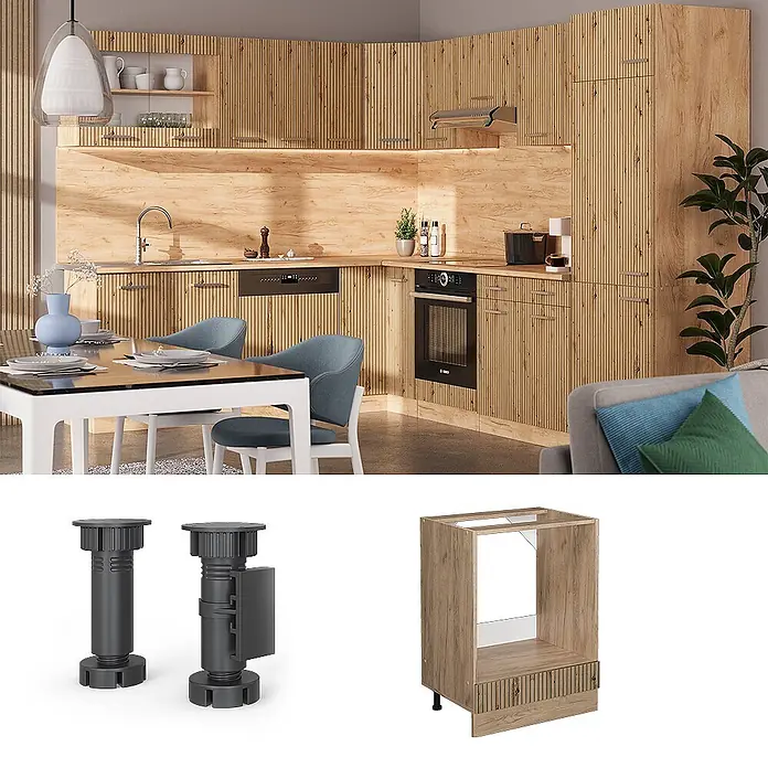 Vicco Schrankküche R-Line Artisan-Eiche ohne Arbeitsplatte - Artisan-Eiche, Herdumbauschrank 60 cm - Moderne Küche mit gerillten hellen Holzschränken, gezeigt mit einem Ofenunterschrank und dunklen verstellbaren Füßen.