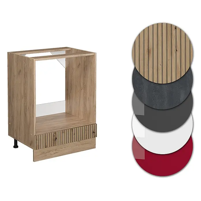 Vicco Schrankküche R-Line Artisan-Eiche ohne Arbeitsplatte - Artisan-Eiche, Herdumbauschrank 60 cm - Hölzerner Küchen-Unterschrank für Backofen mit gerillter Schublade, gezeigt mit verschiedenen Materialmustern (Holz, Grau, Weiß, Rot).
