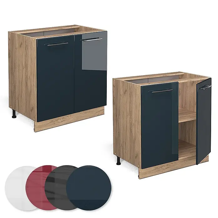 Vicco Schrankküche Fame-Line Dunkelblau Hochglanz mit Regal, ohne Arbeitsplatte - Dunkelblau Hochglanz, Unterschrank 80 cm - Zwei Küchenunterschränke mit Holzrahmen und dunkelblauen Hochglanztüren. Eine Tür ist offen, zeigt ein Regal. Unten sind Farbmuster für Türfronten.