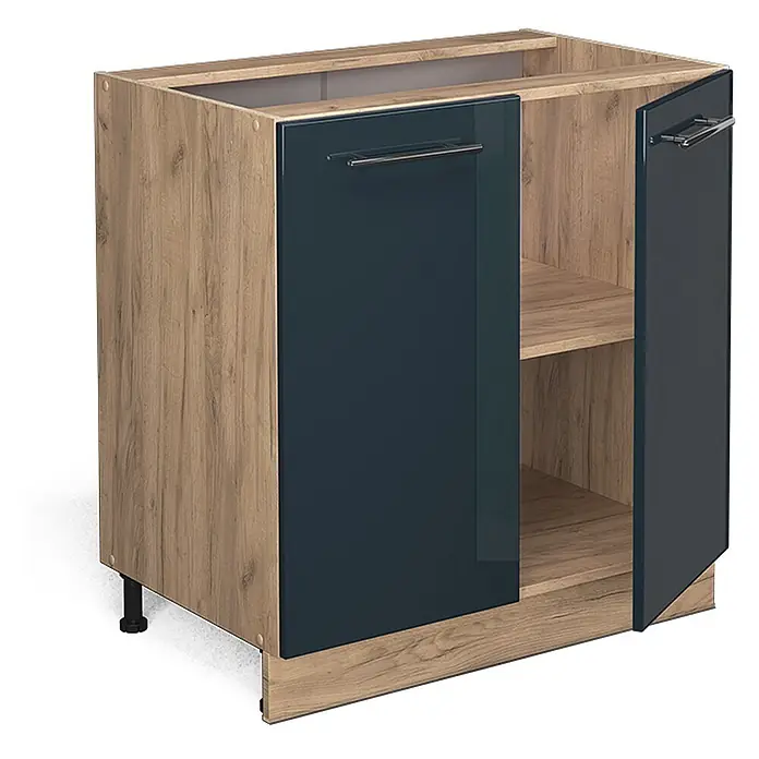 Vicco Schrankküche Fame-Line Dunkelblau Hochglanz mit Regal, ohne Arbeitsplatte - Dunkelblau Hochglanz, Unterschrank 80 cm - Unterschrank in Holzoptik mit zwei dunkelblauen Türen und silbernen Griffen, eine Tür offen mit Regalböden.