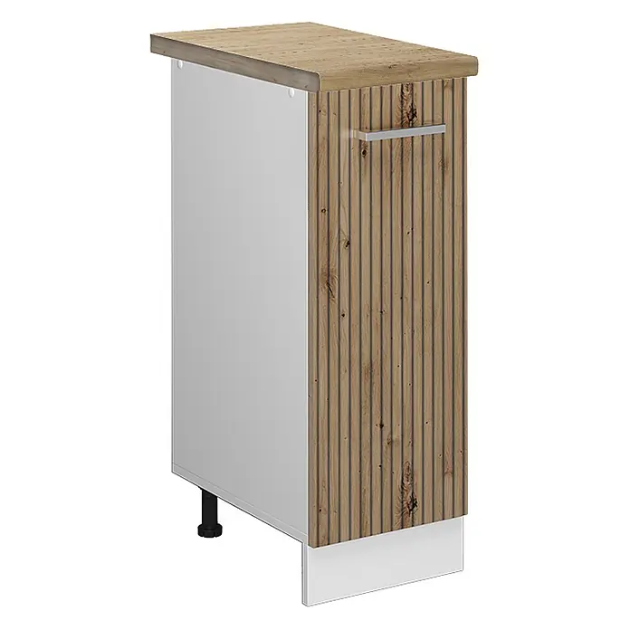 Vicco Schrankküche R-Line Artisan-Eiche, AP Eiche - Artisan-Eiche, Apothekerunterschrank 30 cm, AP Eiche - Hoher, schmaler Schrank mit gerippter Holzoptik-Front, weißer Seite, silbernem Griff und schwarzen Stellfüßen.