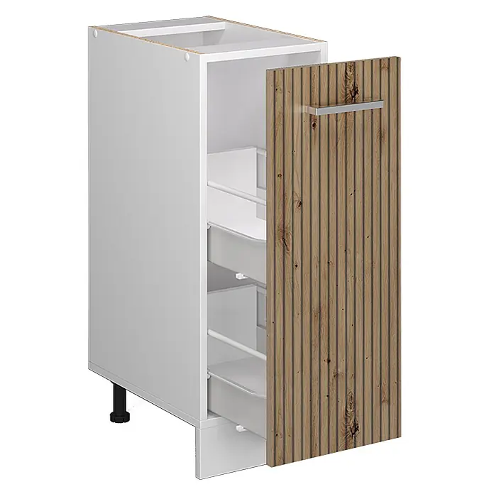 Vicco Schrankküche R-Line Artisan-Eiche ohne Arbeitsplatte - Artisan-Eiche, Apothekerunterschrank 30 cm - Weißer Küchenunterschrank mit gerippter Holzfront, Metallgriff und ausziehbaren Innenschubladen.