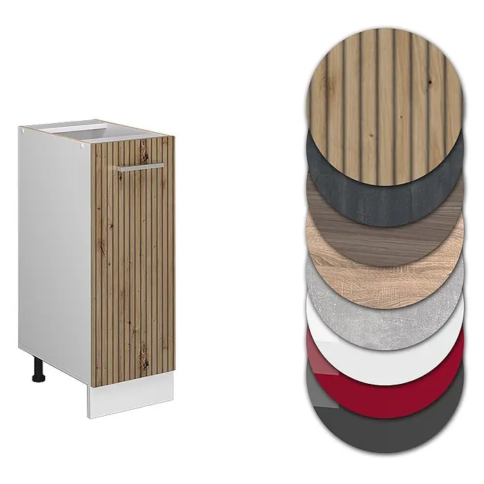 Vicco Schrankküche R-Line Artisan-Eiche ohne Arbeitsplatte - Artisan-Eiche, Apothekerunterschrank 30 cm - Weißer Küchenunterschrank mit Holzlamellentür, rechts abgebildet mit verschiedenen Material- und Farboptionen für die Front.