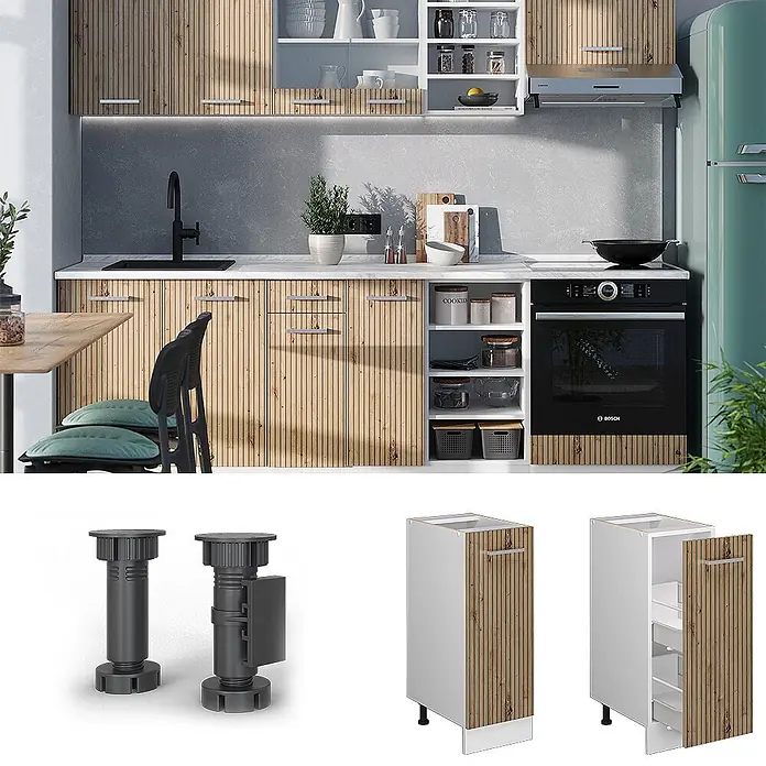 Vicco Schrankküche R-Line Artisan-Eiche ohne Arbeitsplatte - Artisan-Eiche, Apothekerunterschrank 30 cm - Modulküchenschränke mit gerillten Holzfronten und verstellbaren Füßen.