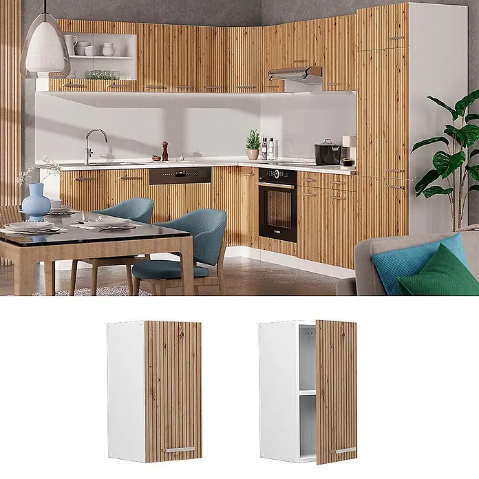 Vicco Schrankküche R-Line Artisan-Eiche - Artisan-Eiche, Hängeschrank 30 cm - Moderne Küche mit Holzlamellen- und weißen Schränken. Zeigt offene und geschlossene Schrankansichten, funktionales Design.