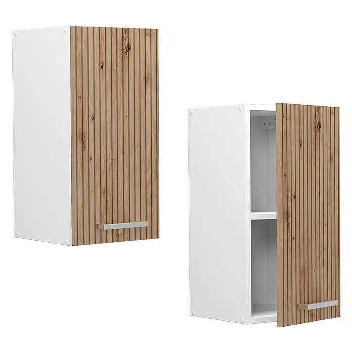 Vicco Schrankküche R-Line Artisan-Eiche - Artisan-Eiche, Hängeschrank 30 cm - Zwei weiße Wandschränke mit geriffelten Holzdekor-Türen und silbernen Griffen. Einer geschlossen, einer offen mit Regalböden.