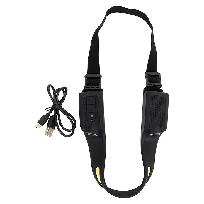 Stirnlampe TYZON mit LED-Lichtband - 35 lm - 283 lm - Schwarze freihändige Lauf-Brustlampe mit zwei integrierten Leuchten und verstellbarem Gurt, zusammen mit einem USB-Ladekabel.