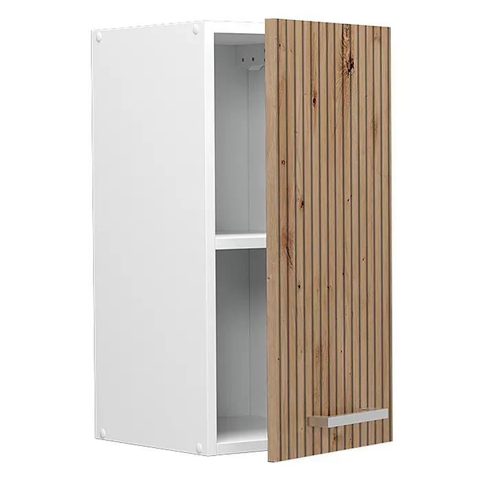 Vicco Schrankküche R-Line Artisan-Eiche - Artisan-Eiche, Hängeschrank 30 cm - Weißer Wandschrank mit gerillter Holztür, leicht geöffnet, zeigt zwei Innenregale.