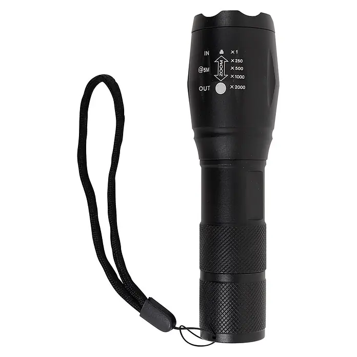 Taschenlampe Stablampe TYZON - Batteriebetrieben, Schwarz, 300 lm - Schwarze taktische Taschenlampe mit einstellbaren Zoomstufen und geriffeltem Griff, inklusive schwarzer Handschlaufe.