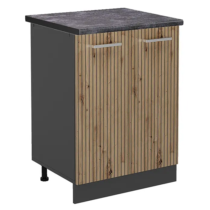 Vicco Schrankküche R-Line Artisan-Eiche, AP Anthrazit - Artisan-Eiche, Unterschrank 60 cm, AP Anthrazit - Unterschrank mit dunkelgrauer Arbeitsplatte, grauem Korpus und zwei gerippten Holztüren mit silbernen Griffen. Inklusive dunkelgrauem Sockel.
