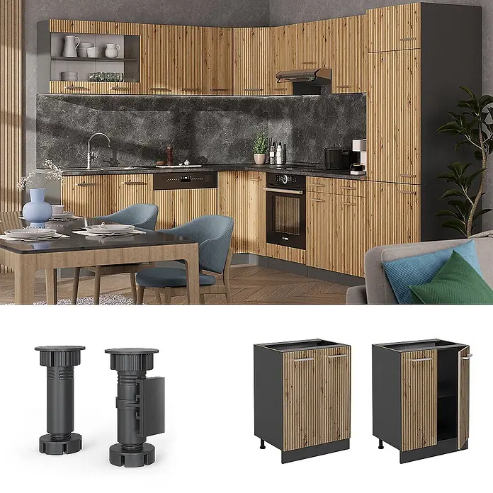 Vicco Schrankküche R-Line Artisan-Eiche ohne Arbeitsplatte - Artisan-Eiche, Unterschrank 60 cm - Modulare Küchenschränke mit hellen Holzlamellenfronten und dunkelgrauen Korpusen, mit schwarzen verstellbaren Nivellierfüßen, in Küche und einzeln dargestellt.