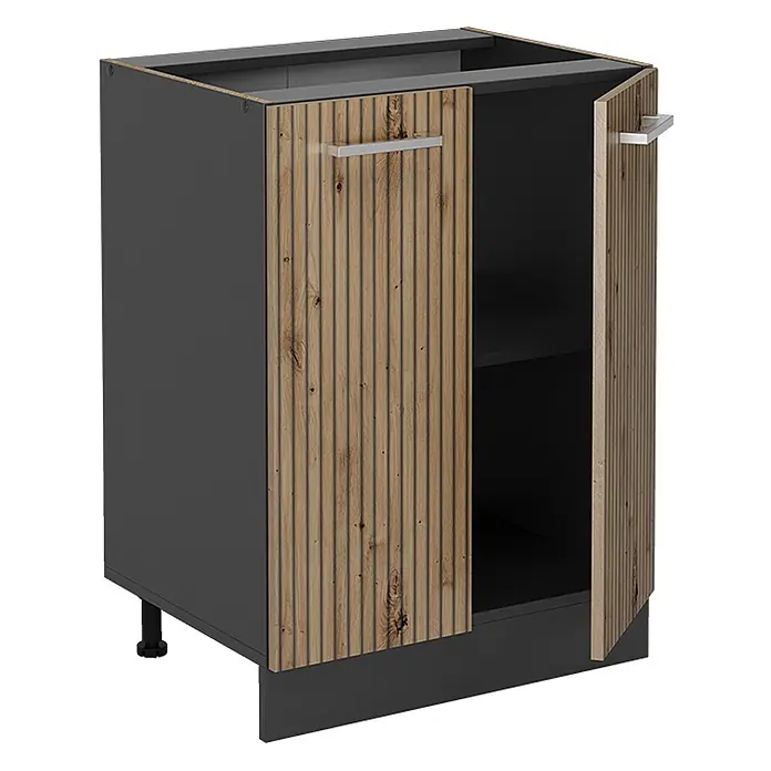 Vicco Schrankküche R-Line Artisan-Eiche ohne Arbeitsplatte - Artisan-Eiche, Unterschrank 60 cm - Dunkelgrauer Unterschrank mit zwei geriffelten Holztüren und silbernen Griffen, eine Tür leicht geöffnet mit Regal.