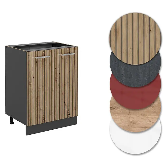 Vicco Schrankküche R-Line Artisan-Eiche ohne Arbeitsplatte - Artisan-Eiche, Unterschrank 60 cm - Dunkelgrauer Unterschrank mit geriffelten Holztüren, dazu verschiedene Materialmuster.