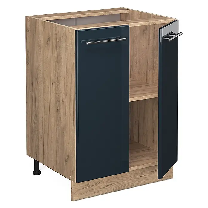 Vicco Schrankküche Fame-Line Dunkelblau Hochglanz ohne Arbeitsplatte - Dunkelblau Hochglanz, Unterschrank 60 cm - Küchenunterschrank mit glänzenden dunkelblauen Türen und hellem Holzdekorrahmen. Mit silbernen Griffen und einem Einlegeboden.